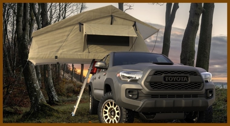 A Toyota tacoma with a rooftop tent